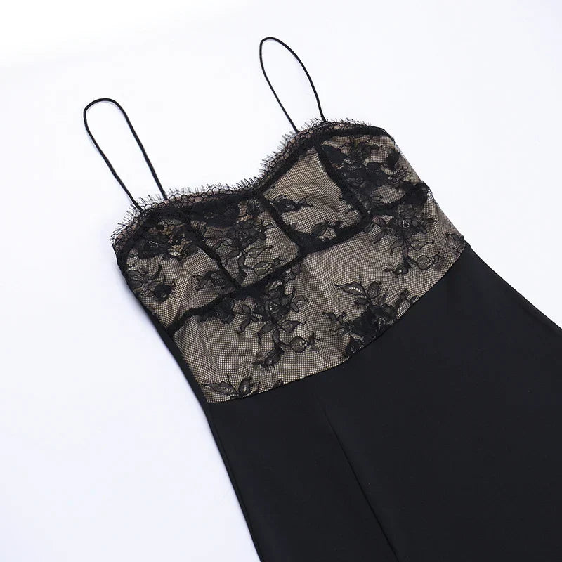 Lace Corset Bodice Spaghetti Strap Lace Overlay Side Slit Midi Dress