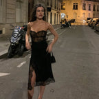 Lace Corset Bodice Spaghetti Strap Lace Overlay Side Slit Midi Dress