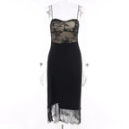 Lace Corset Bodice Spaghetti Strap Lace Overlay Side Slit Midi Dress