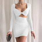 Long Sleeve Twist Front Diamond Cut Out Ruched Bodycon Mini Dress