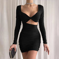 Long Sleeve Twist Front Diamond Cut Out Ruched Bodycon Mini Dress