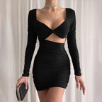 Long Sleeve Twist Front Diamond Cut Out Ruched Bodycon Mini Dress