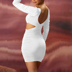 Long Sleeve Twist Front Diamond Cut Out Ruched Bodycon Mini Dress