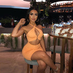 Cross Halter Keyhole Cutout Ruched Bodycon Mini Dress