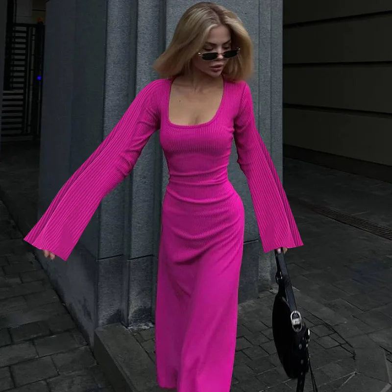 Scoop Neck Ribbed Knit Bell Sleeve Bodycon Maxi Dress