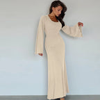 Scoop Neck Ribbed Knit Bell Sleeve Bodycon Maxi Dress