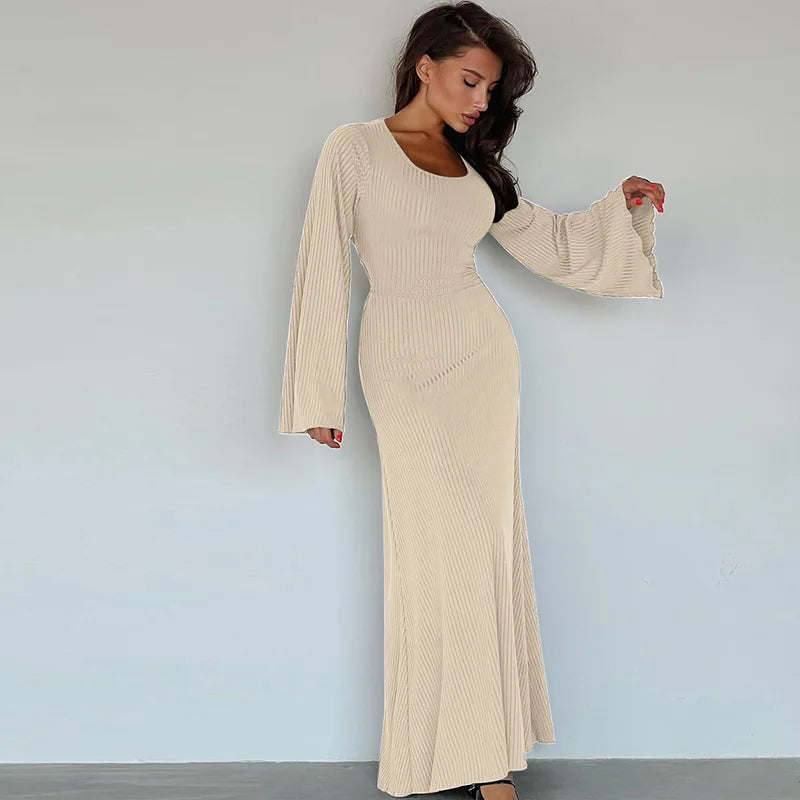 Scoop Neck Ribbed Knit Bell Sleeve Bodycon Maxi Dress