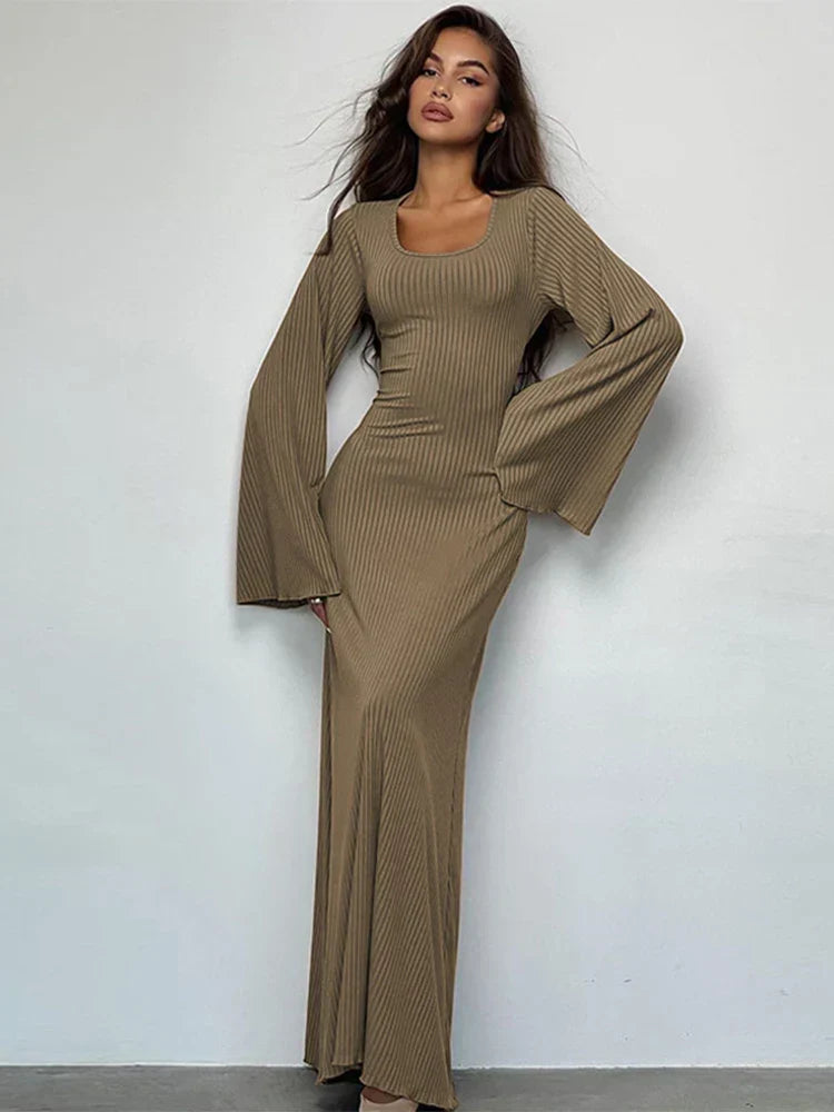 Scoop Neck Ribbed Knit Bell Sleeve Bodycon Maxi Dress