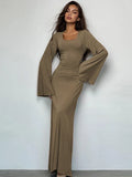 Scoop Neck Ribbed Knit Bell Sleeve Bodycon Maxi Dress