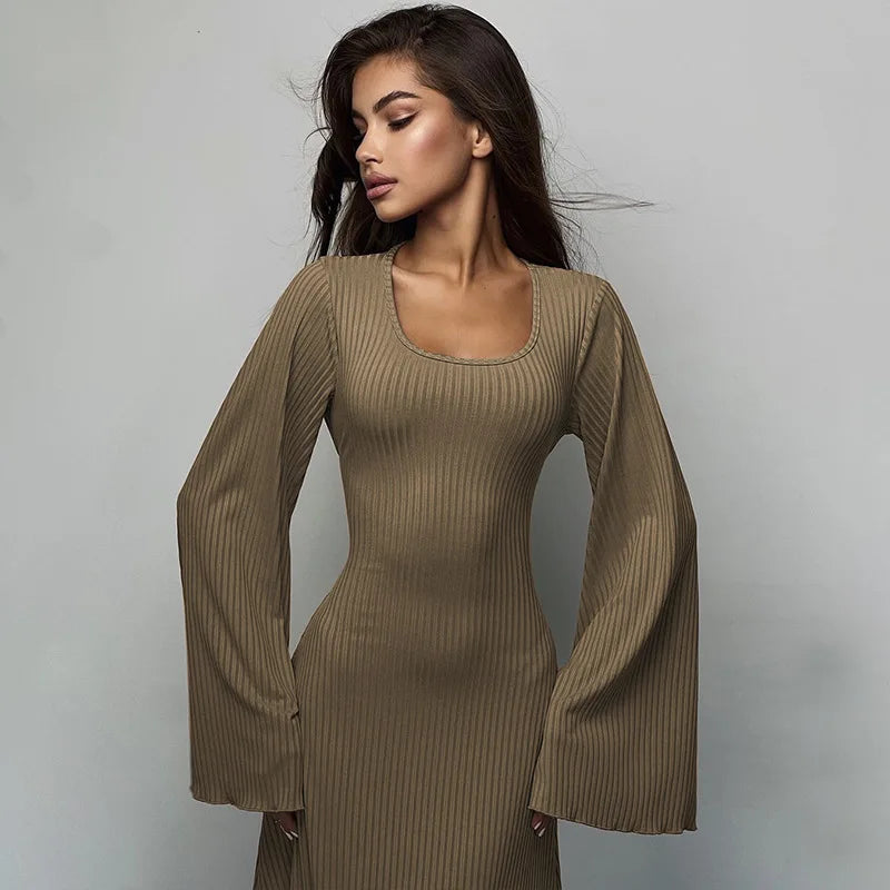 Scoop Neck Ribbed Knit Bell Sleeve Bodycon Maxi Dress