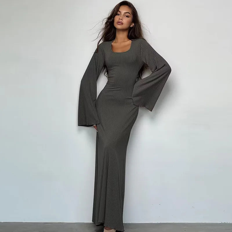 Scoop Neck Ribbed Knit Bell Sleeve Bodycon Maxi Dress