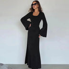 Scoop Neck Ribbed Knit Bell Sleeve Bodycon Maxi Dress