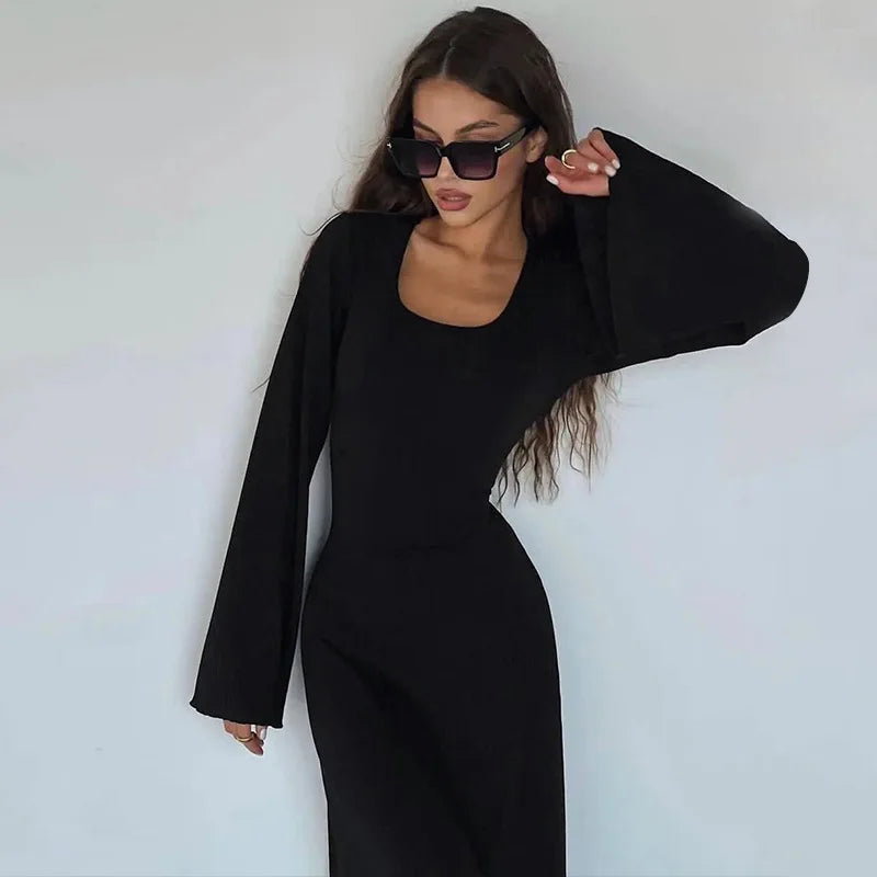 Scoop Neck Ribbed Knit Bell Sleeve Bodycon Maxi Dress