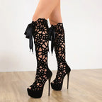 Trendy Club Hollow Out Flock Leather Peep Toe Back Zip High Heel High Heel