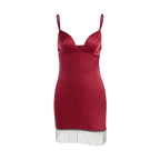 Velvet Spaghetti Strap Deep V-Neck Rhinestone Fringe Hem Bodycon Mini Dress