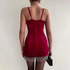 Velvet Spaghetti Strap Deep V-Neck Rhinestone Fringe Hem Bodycon Mini Dress