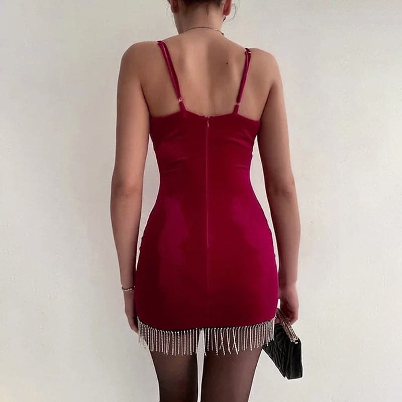 Velvet Spaghetti Strap Deep V-Neck Rhinestone Fringe Hem Bodycon Mini Dress