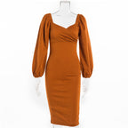 Sweetheart Wrap Neck Puff Sleeve Bodycon Midi Dress