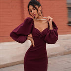 Sweetheart Wrap Neck Puff Sleeve Bodycon Midi Dress