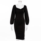 Sweetheart Wrap Neck Puff Sleeve Bodycon Midi Dress