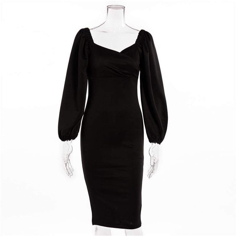 Sweetheart Wrap Neck Puff Sleeve Bodycon Midi Dress