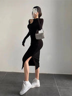 Mock Neck Shoulder Cut Out Bodycon Midi Dress