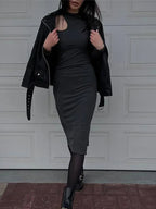 Mock Neck Shoulder Cut Out Bodycon Midi Dress
