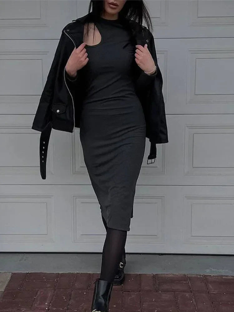 Cut Out Shoulder Mock Neck Long Sleeve Bodycon Midi Dress