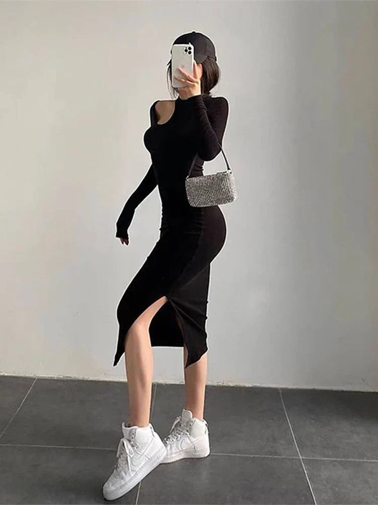 Mock Neck Shoulder Cutout Long Sleeve Side Slit Bodycon Midi Dress