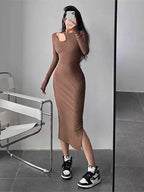 Mock Neck Shoulder Cut Out Bodycon Midi Dress