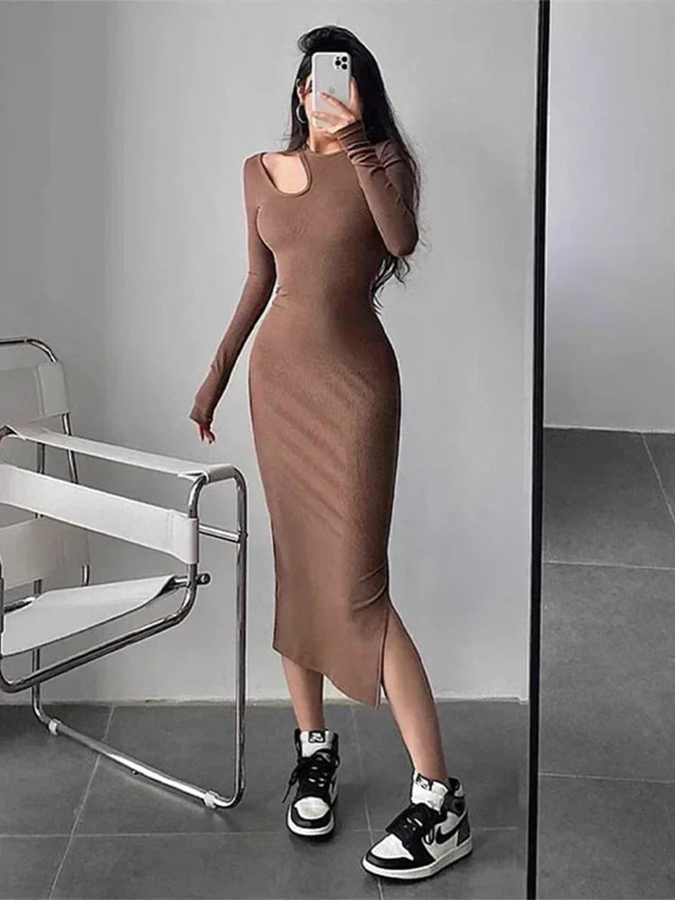 Mock Neck Shoulder Cutout Long Sleeve Side Slit Bodycon Midi Dress