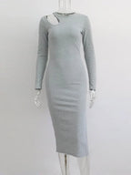 Mock Neck Shoulder Cutout Long Sleeve Side Slit Bodycon Midi Dress
