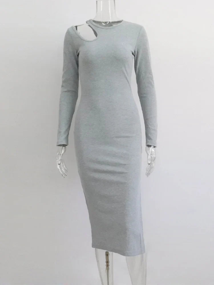 Mock Neck Shoulder Cutout Long Sleeve Side Slit Bodycon Midi Dress