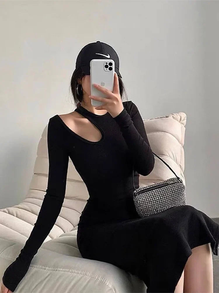 Mock Neck Shoulder Cut Out Bodycon Midi Dress