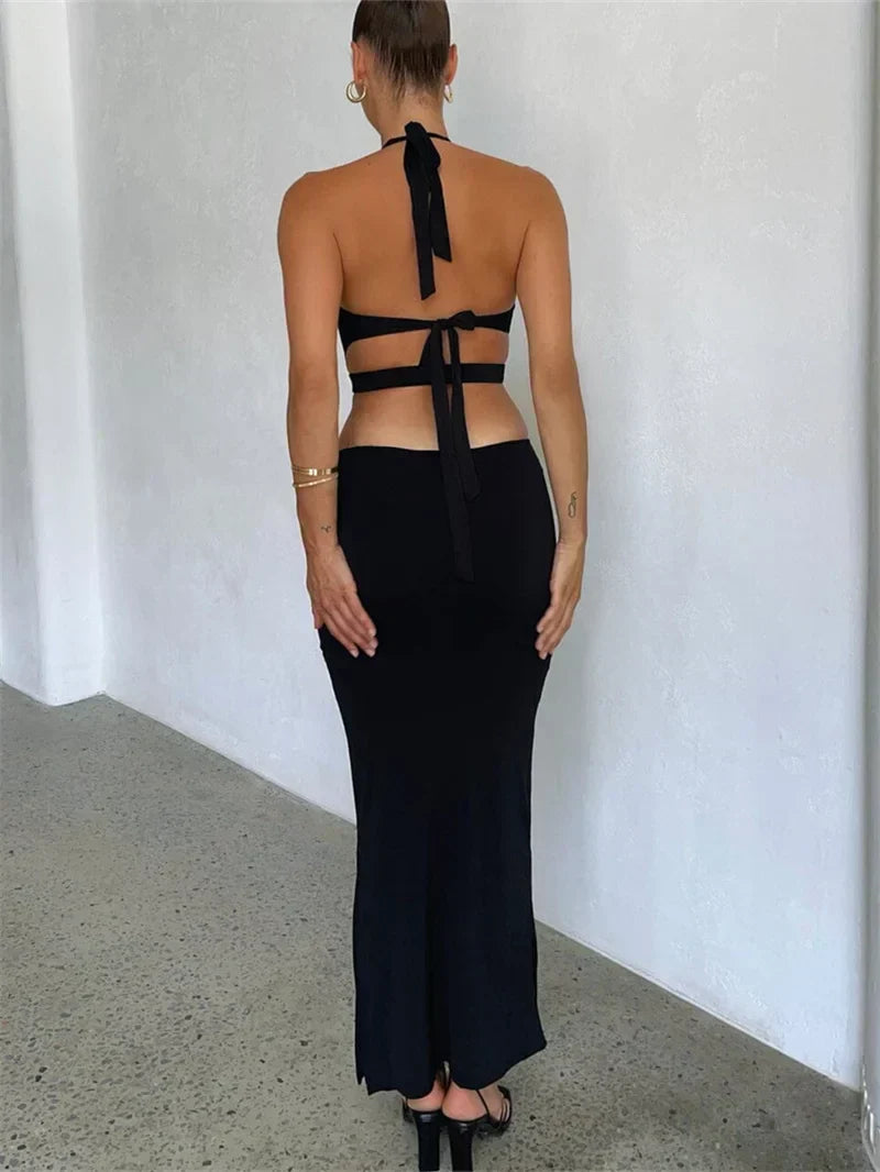 Halter Plunging V-Neck Midriff Cutout Side Cutout Bodycon Maxi Dress