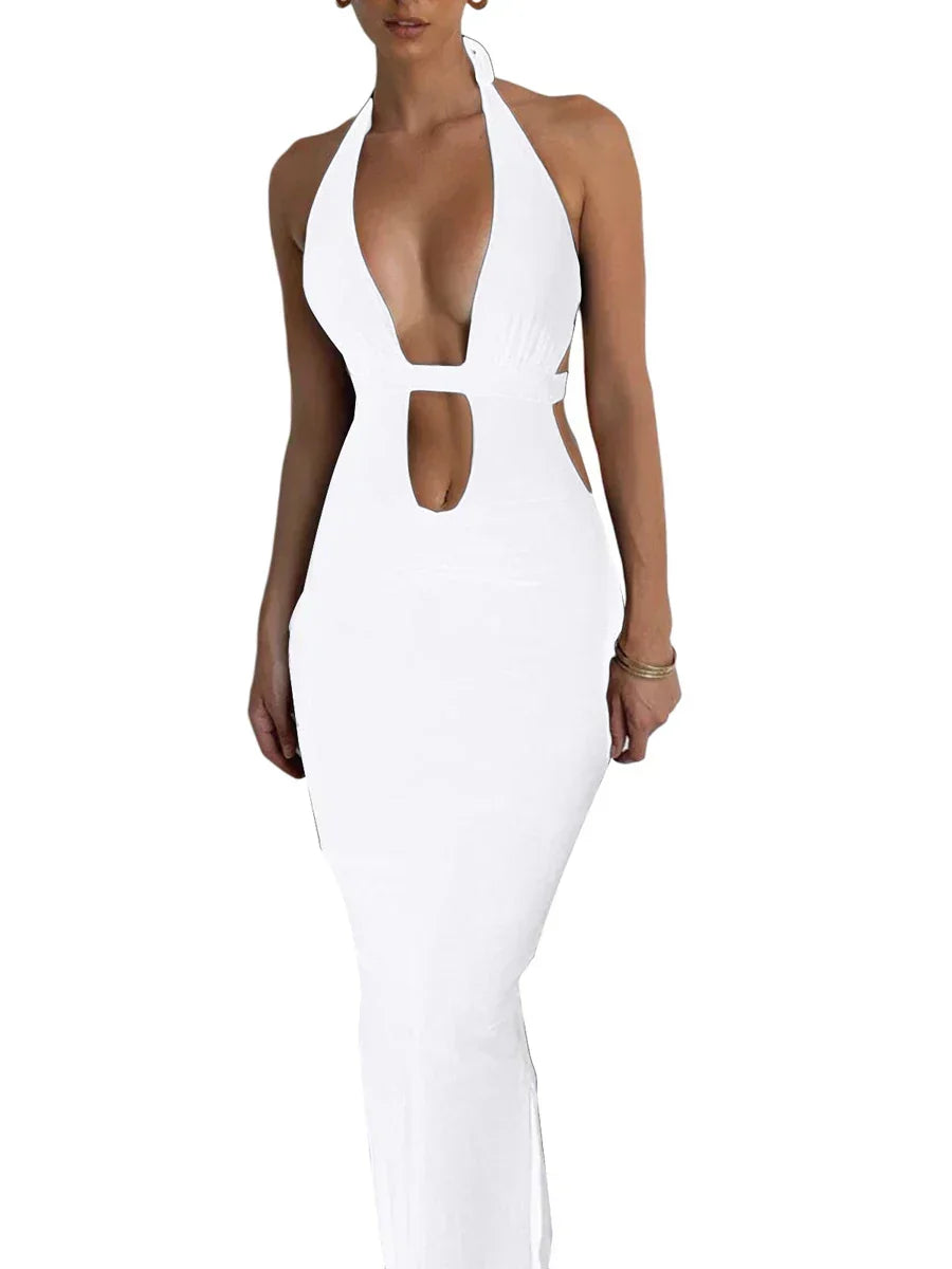 Halter Plunging V-Neck Midriff Cutout Side Cutout Bodycon Maxi Dress