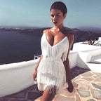 Sleeveless Tiered Fringe Deep V-Neck Spaghetti Strap Mini Dress