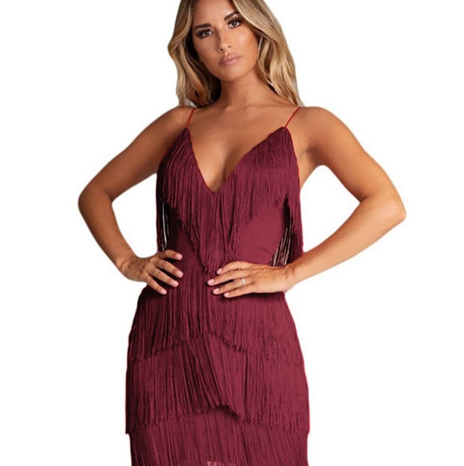 Sleeveless Tiered Fringe Deep V-Neck Spaghetti Strap Mini Dress