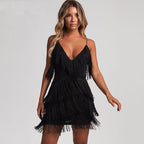 Sleeveless Tiered Fringe Deep V-Neck Spaghetti Strap Mini Dress