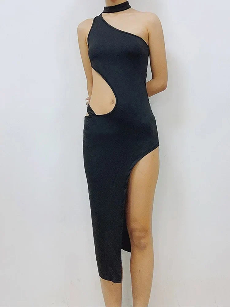 One Shoulder Choker Neck Cut Out Asymmetric Hem High Split Bodycon Midi Dress