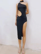One Shoulder Choker Neck Cut Out Asymmetric Hem High Split Bodycon Midi Dress