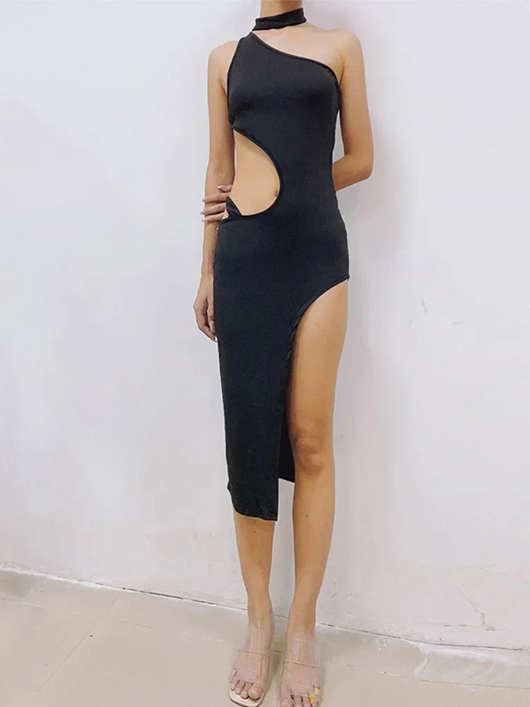 One Shoulder Choker Neck Cut Out Asymmetric Hem High Split Bodycon Midi Dress
