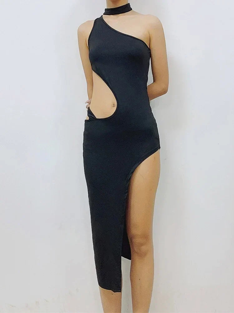 One Shoulder Choker Neck Cut Out Asymmetric Hem High Split Bodycon Midi Dress