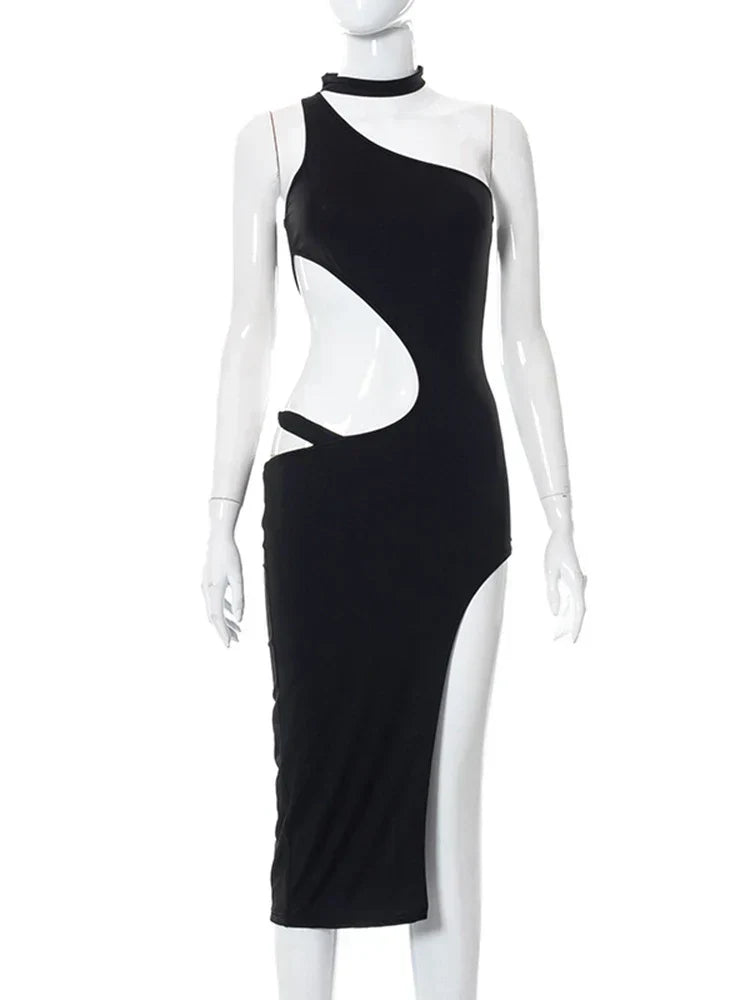 One Shoulder Choker Neck Cut Out Asymmetric Hem High Split Bodycon Midi Dress
