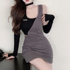 Ribbed Knit Asymmetric Cut Out One Shoulder Thumbhole Sleeve Mini Dress