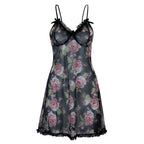 Floral Print Sheer Mesh Lace Trim Deep V-Neck Slip Mini Dress