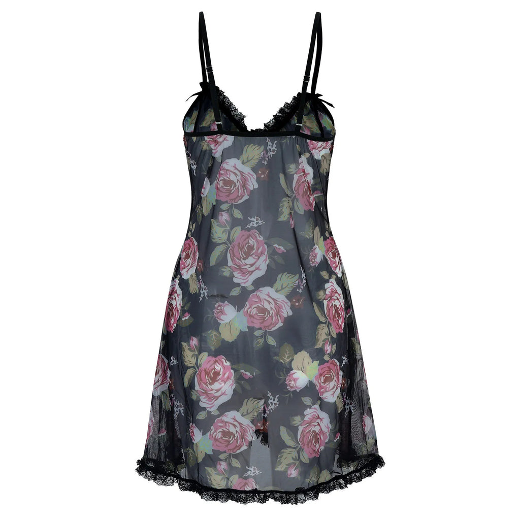 Floral Print Sheer Mesh Lace Trim Deep V-Neck Slip Mini Dress