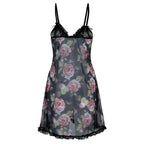 Floral Print Sheer Mesh Lace Trim Deep V-Neck Slip Mini Dress