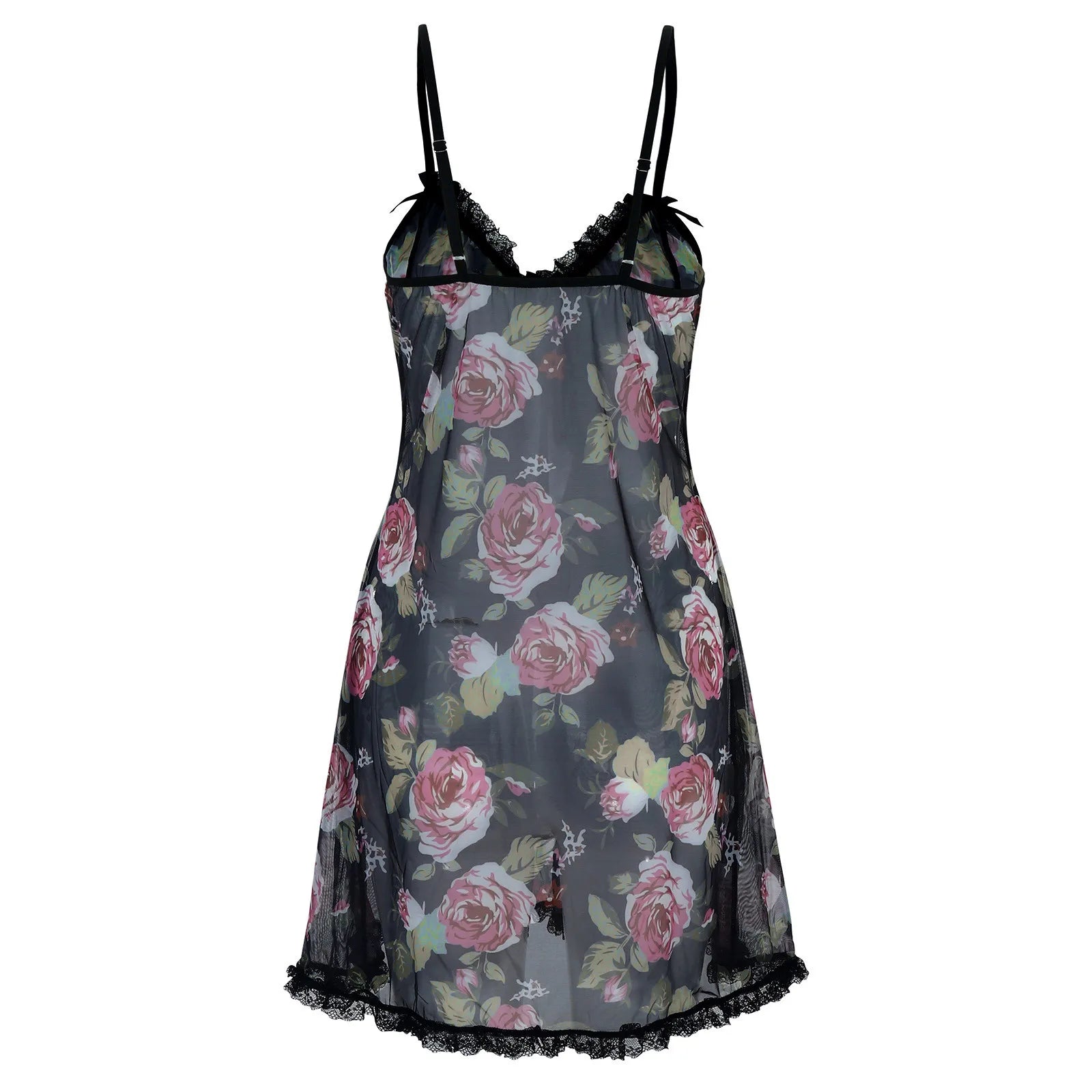 Floral Print Sheer Mesh Lace Trim Deep V-Neck Slip Mini Dress