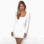 Scoop Neck Long Sleeve Ruched Skirt Bodycon Mini Dress
